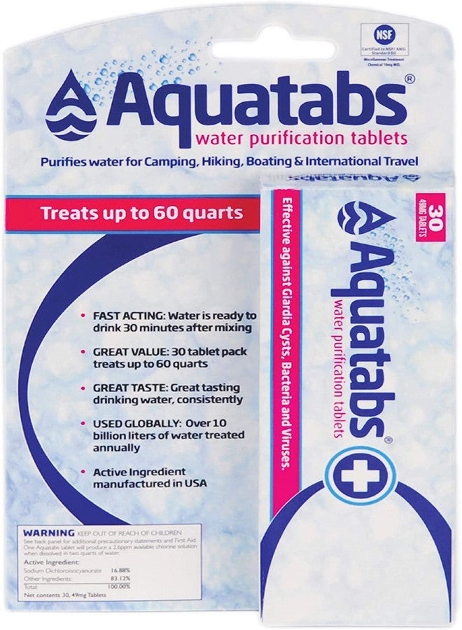 Aquatabs أقراص أكواتابس لتنقية المياه بتركيز 49 ملغ (عبوة من 30 قرصًا). جهاز تنقية مياه محمول لمستلزمات التخييم، ومعدات التخييم خفيفة الوزن، أو مجموعة أدوات النجاة، مسجل لدى وكالة حماية البيئة الأمريكية وحاصل على شهادة NSF/ANSI 60، سريع المفعول - Image 1